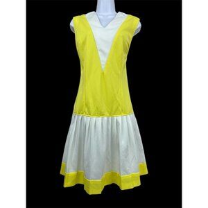 Vtg 60s‎ Sherry Kent Mod A-Line Dress Sz S Yellow White Drop Waist Dress Pleated